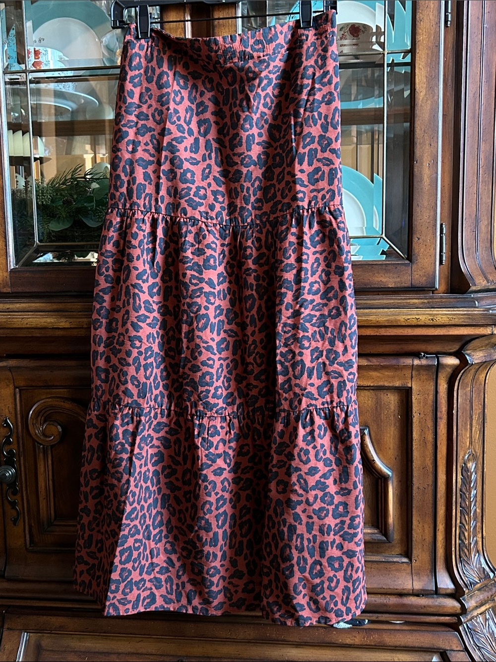 Nine West Rust and Black Leopard Tiered Maxi Skirt